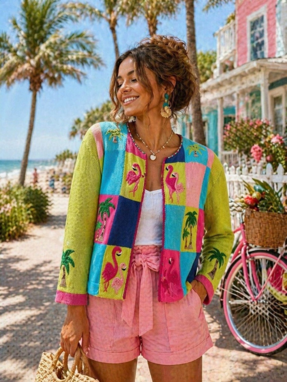 Vintage Flamingo Cardigan Tropical Palm Tree Colorblock Sweater PM Chic Grandma